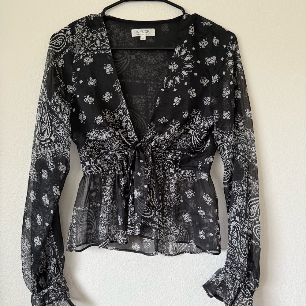 WYLDR Long Sleeve Western Blouse With Sheer and Lace Detailing, Cropped Front